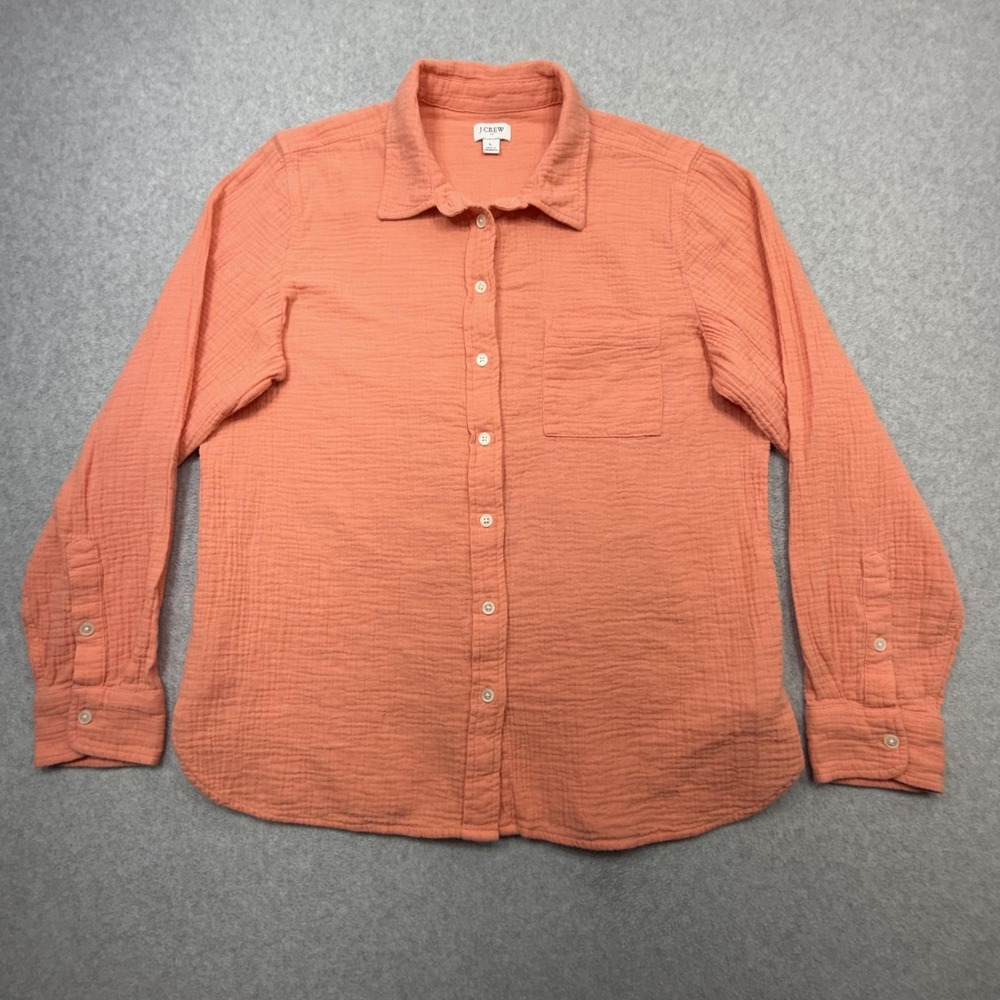 J Crew Shirt Womens Large Orange Textured Gauze Long Sleeve Button Front Top